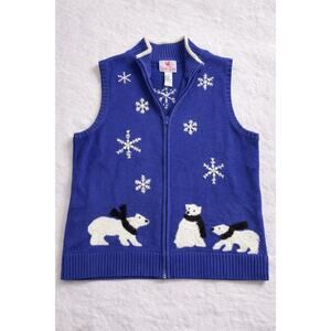 Quacker Factory Polar Bear Snowflake Sweater Vest 1X Blue Zip Front Beaded artsy